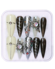 CAMILCY press-on nails almond armor tip with hand-painted details for at-home salon look