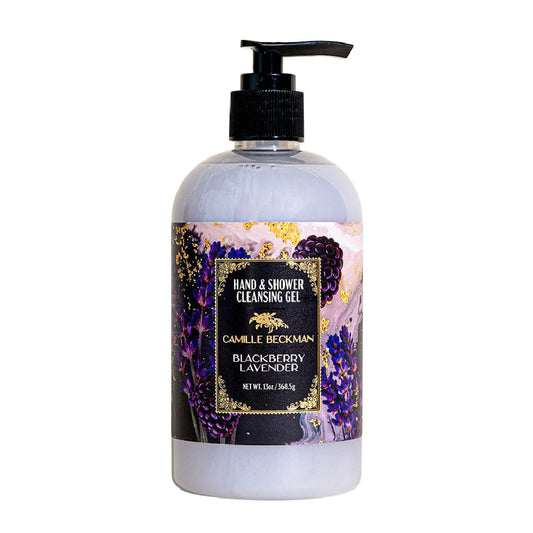 Camille Beckman blackberry-lavender gel bottle with pump for gentle, hydrating cleanse.