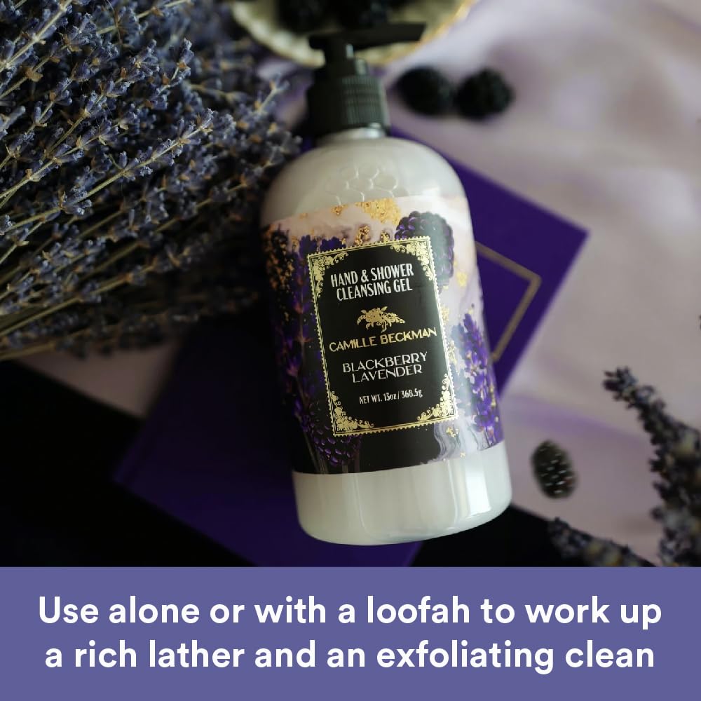 Camille Beckman blackberry-lavender gel label highlighting vegan formula.
