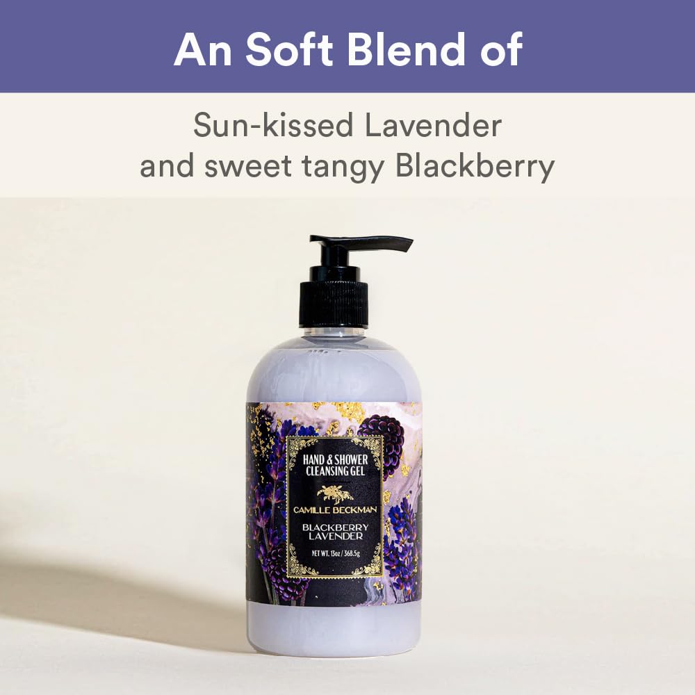 Camille Beckman blackberry-lavender gel rich lather for thorough cleansing.