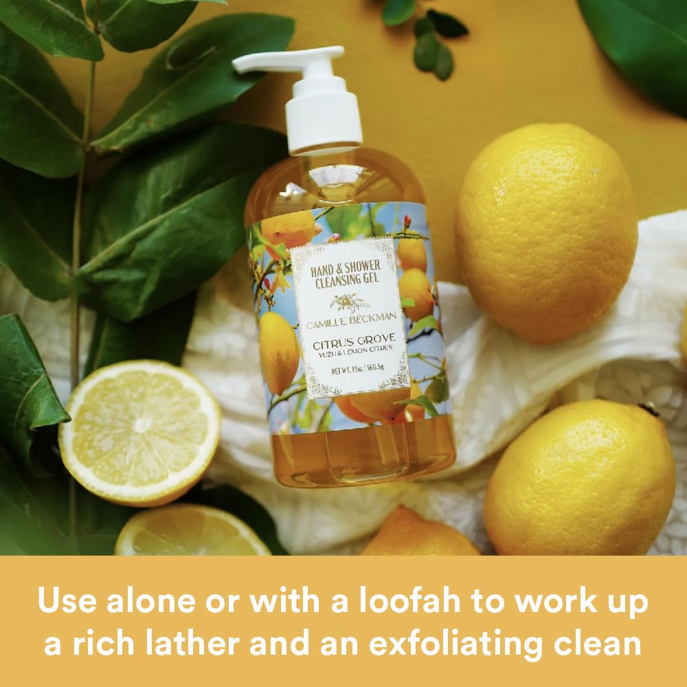 Shower bottle of Camille Beckman Citrus Grove for refreshing body cleansing.