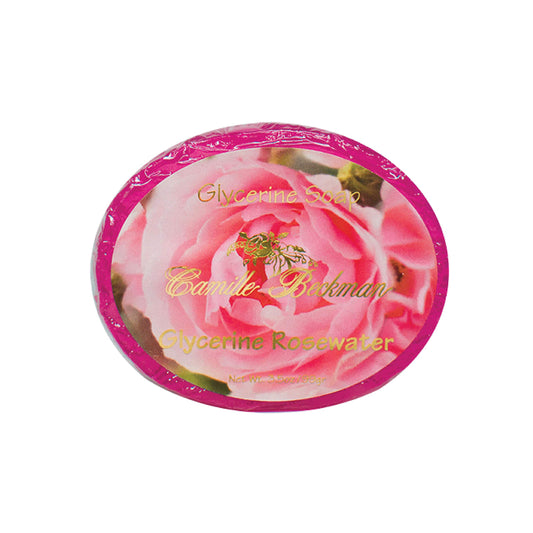 Camille Beckman glycerine rosewater bar soap packaging showing gentle cleansing for sensitive skin.