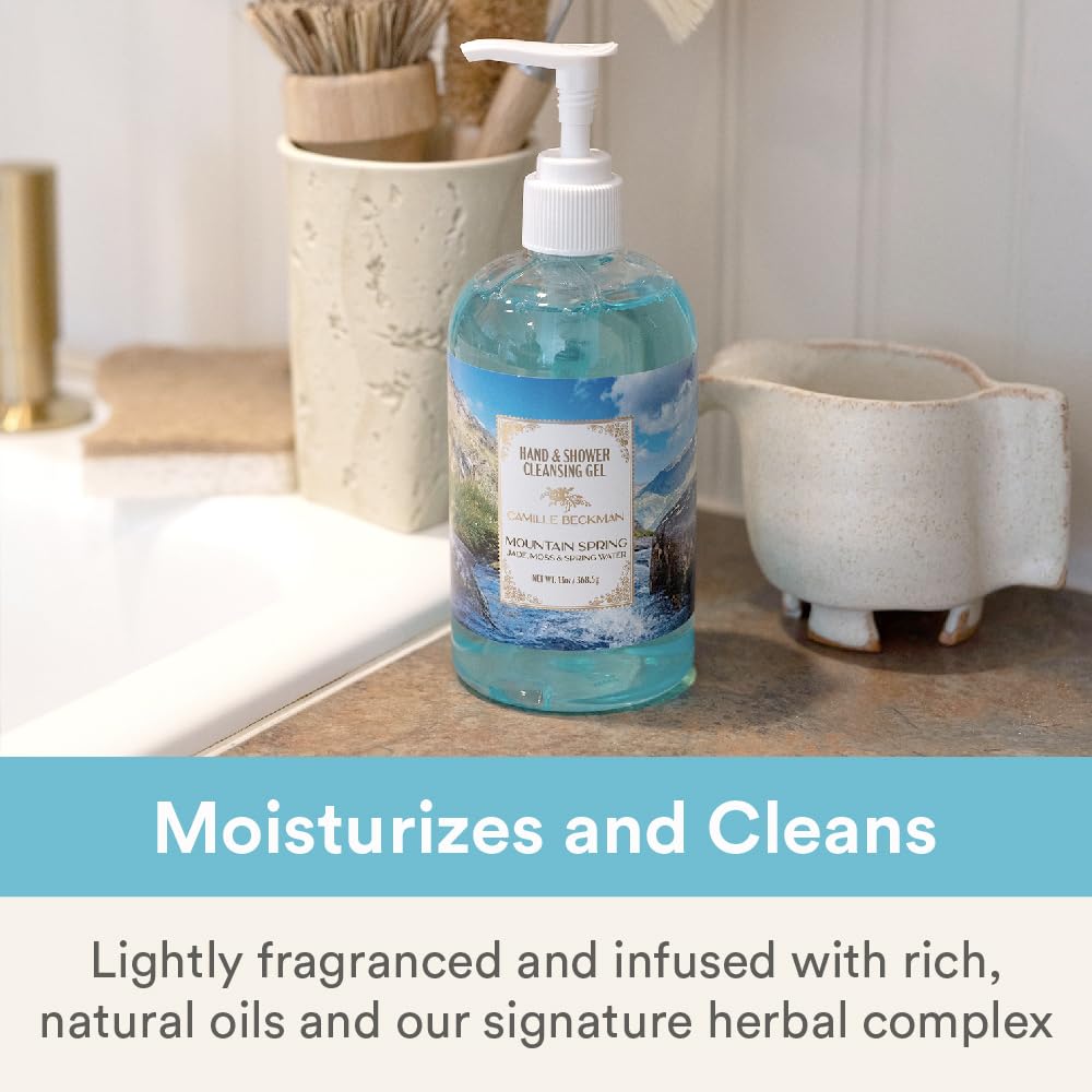 Camille Beckman Mountain Spring bottle displayed on shelf for everyday use.