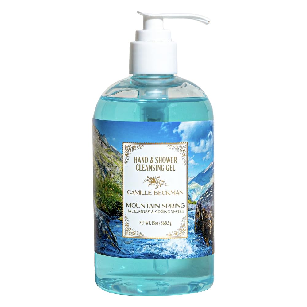 Camille Beckman Mountain Spring bottle with pump for gentle cleansing and spa-like scent.