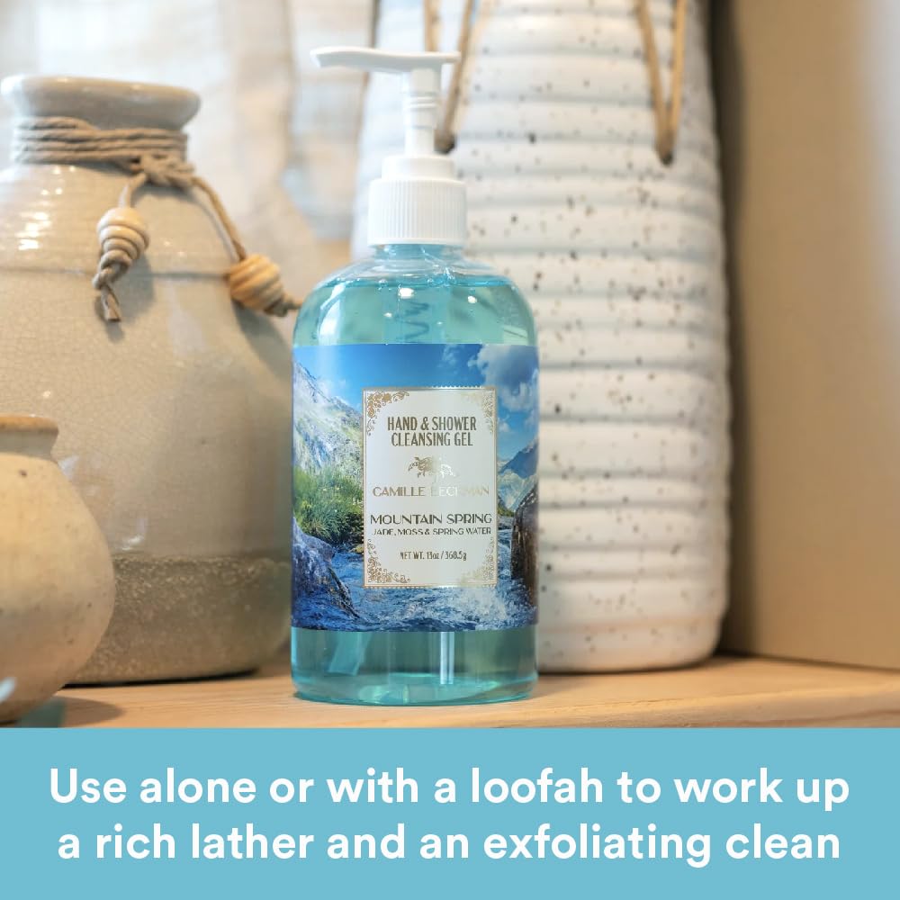 Close-up foam on hand highlighting rich cleansing action of Mountain Spring gel.