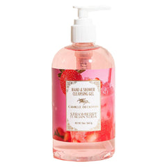 Camille Beckman Strawberry Italian Soda bottle pour, releasing a fruity fragrance for shower routine