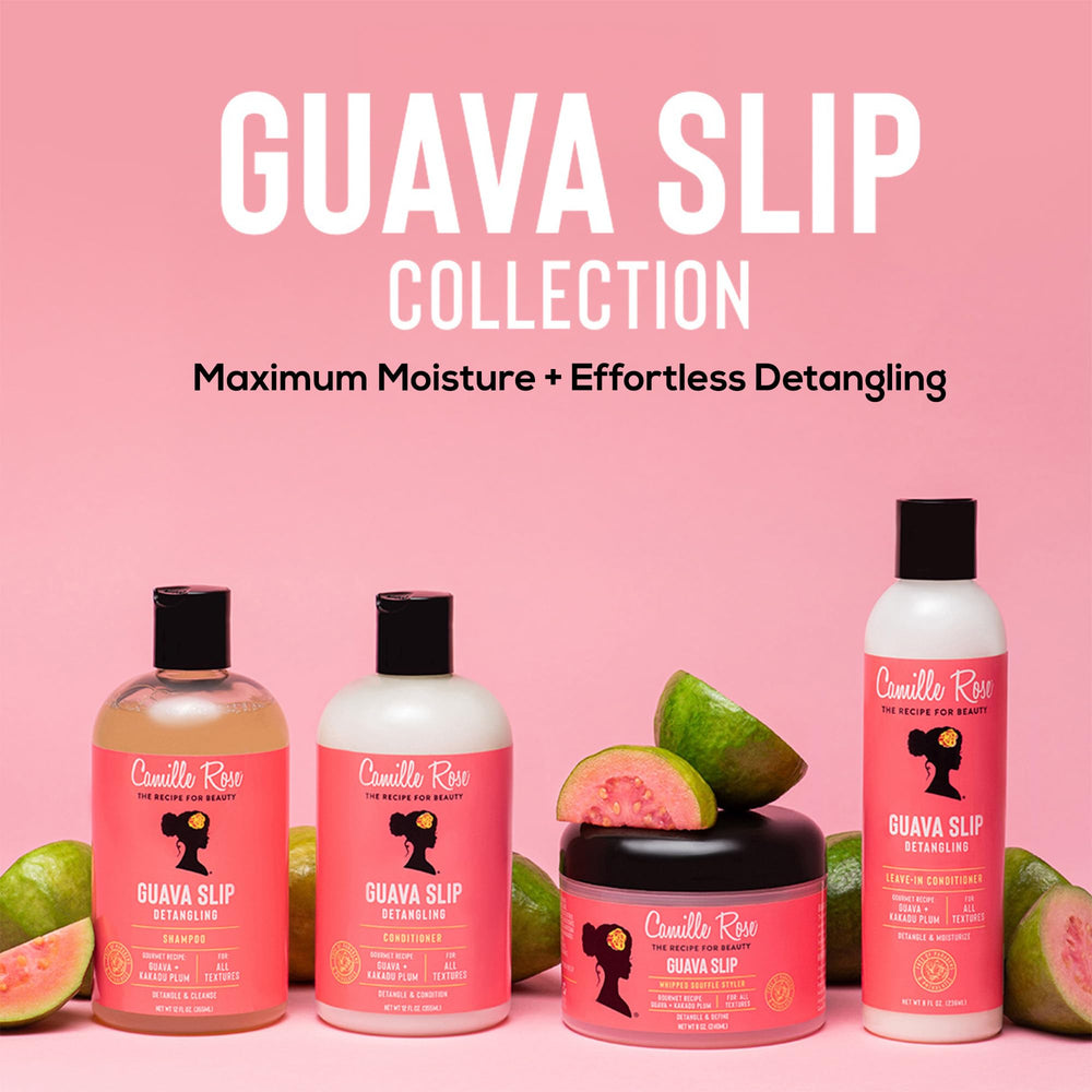 Camille Rose Guava whipped cream texture offers frizz control and defined curls on the go.