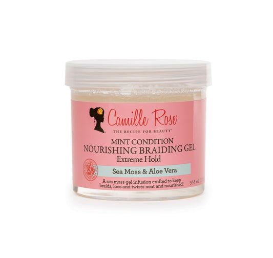 Camille Rose Mint Condition Braiding Gel bottle showing cooling scalp moisture benefits