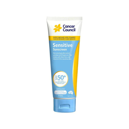 Cancer Council Sensitive Sunscreen SPF50+ 110 ml bottle with broad-spectrum protection for daily use.