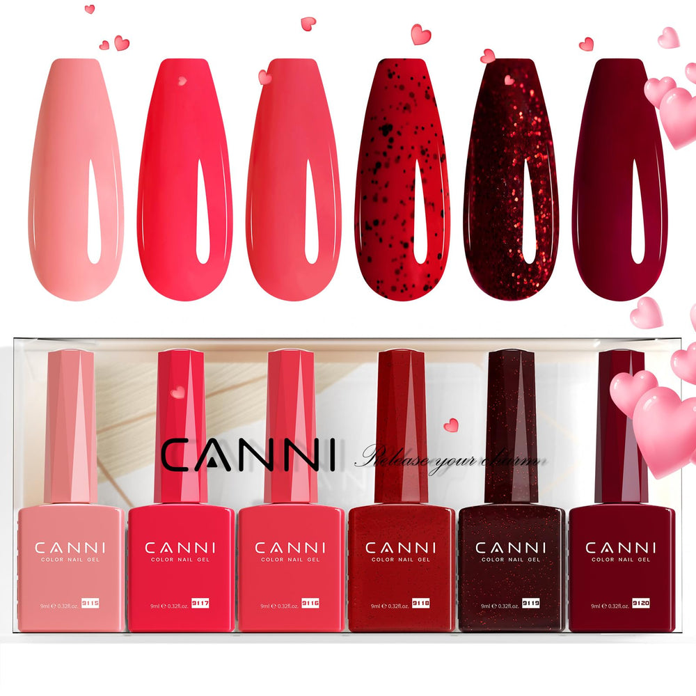 CANNI 6 colors glitter red gel polish set bottle close-up for accurate color view