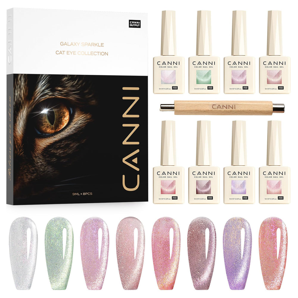 CANNI 8-pcs cat-eye gel set with 9ml bottles offering versatile color options for salon-quality manicures.