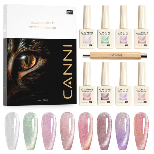 CANNI 8-pcs cat-eye gel set with 9ml bottles offering versatile color options for salon-quality manicures.