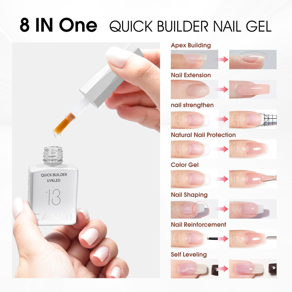 CANNI Quick Builder gel set swatches in nude, pink, and clear shades for natural-looking nails.