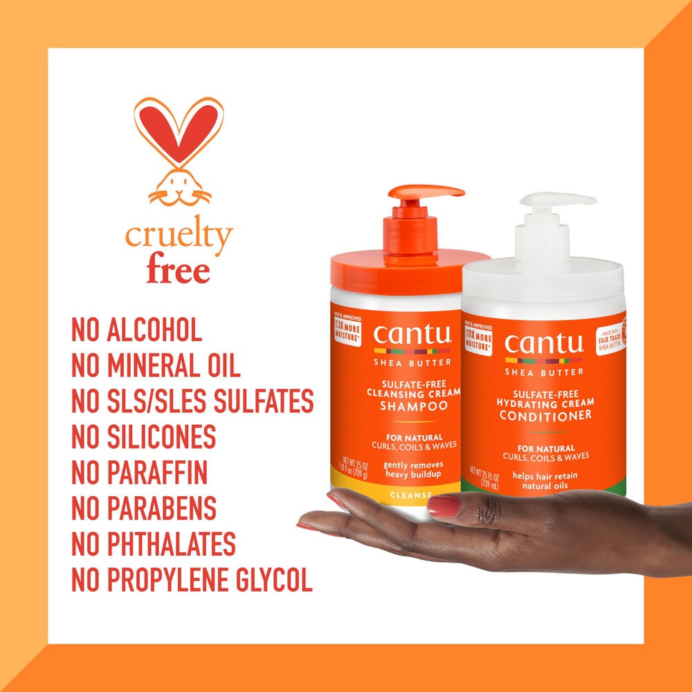 Cantu Shea Butter bottle label close-up with natural ingredients.