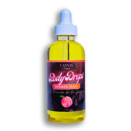 Canvas Beauty Body Drops Drunken Peach bottle with peach fragrance and radiant hydration.