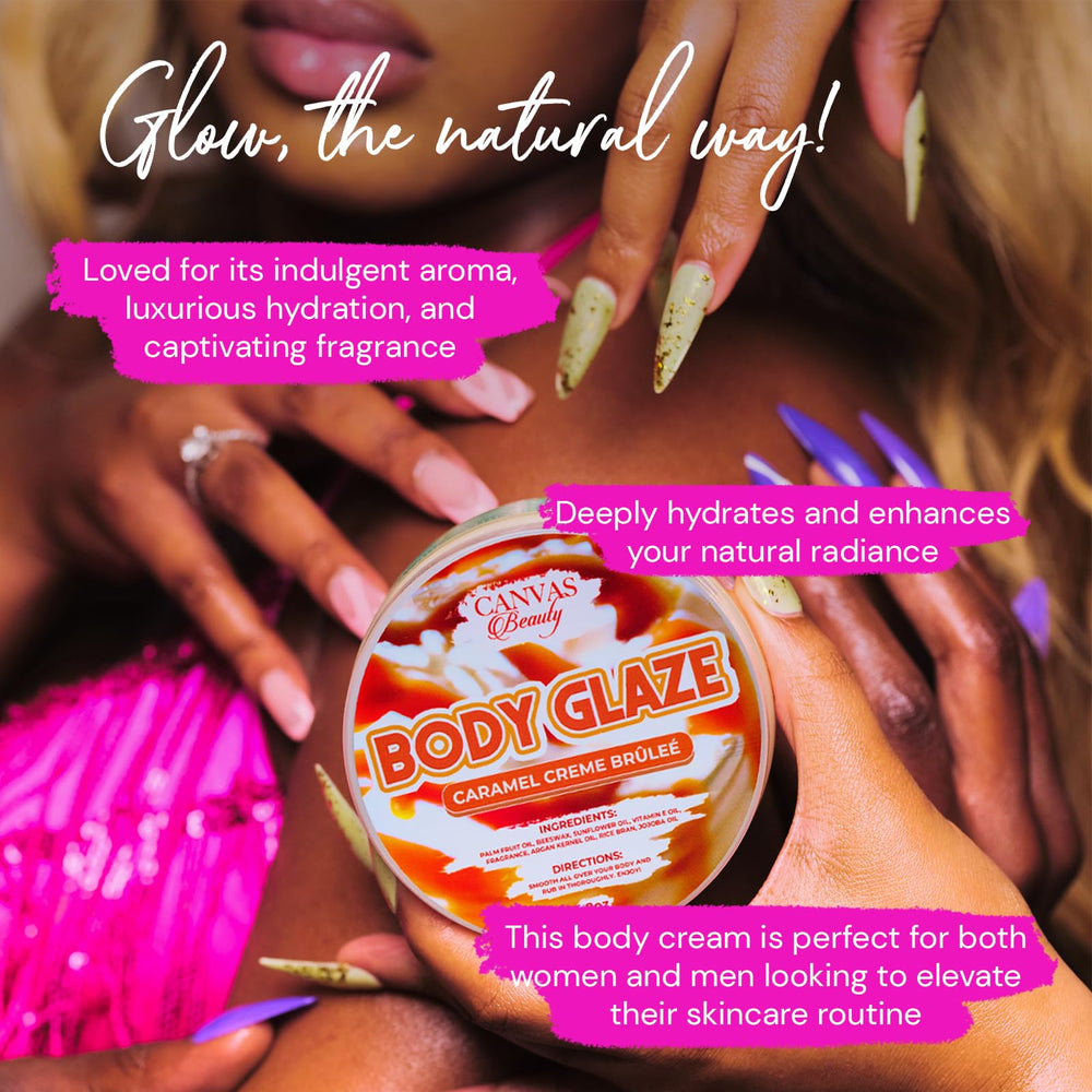 Canvas Beauty Body Glaze applied on damp skin leaving a dewy, non-greasy glow