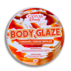Canvas Beauty Body Glaze bottle shows caramel creme brulee scent delivering non-greasy moisture