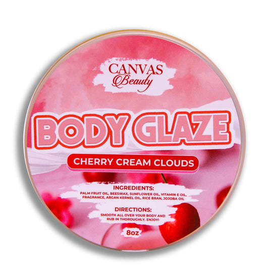 Canvas Beauty Body Glaze Cherry Cream Clouds jar showing glossy hydration on label