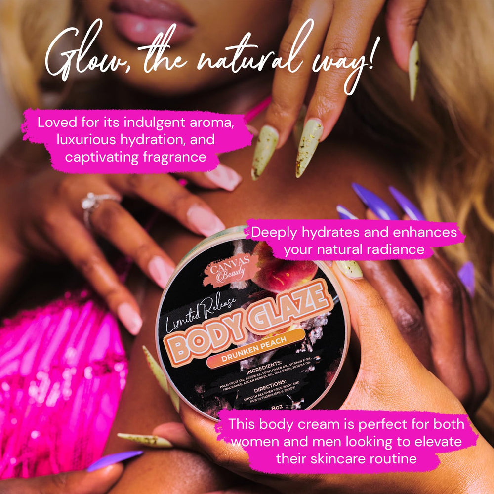 Canvas Beauty Body Glaze Drunken Peach bottle highlights palm fruit oil, jojoba oil, and rice bran.