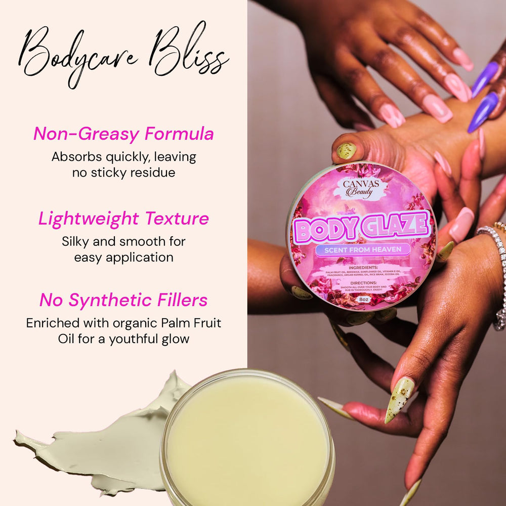 Canvas Beauty Body Glaze label close-up featuring oils for nourishing skin