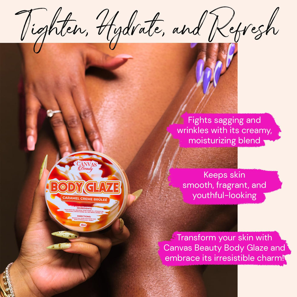 Canvas Beauty Body Glaze jar label highlights palm fruit oil and jojoba for nourished skin