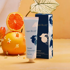 Capri Blue Volcano Flora Edit label close-up highlighting fragrance notes