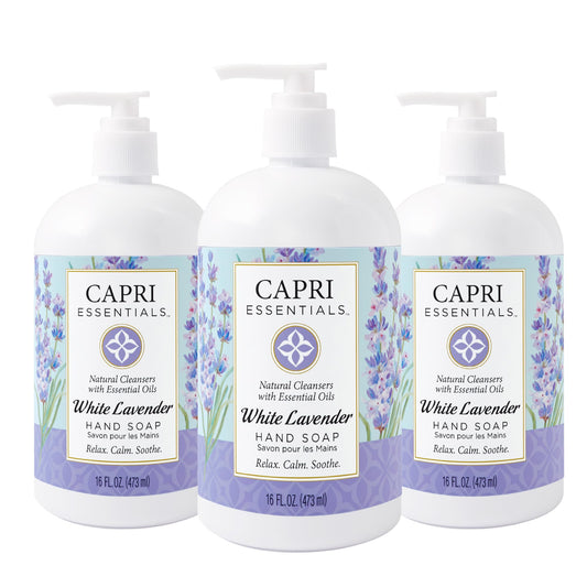CAPRI ESSENTIALS hand soap bottle with white lavender delivers a refreshing cleanse at home.