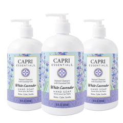 CAPRI ESSENTIALS hand soap bottle with white lavender delivers a refreshing cleanse at home.