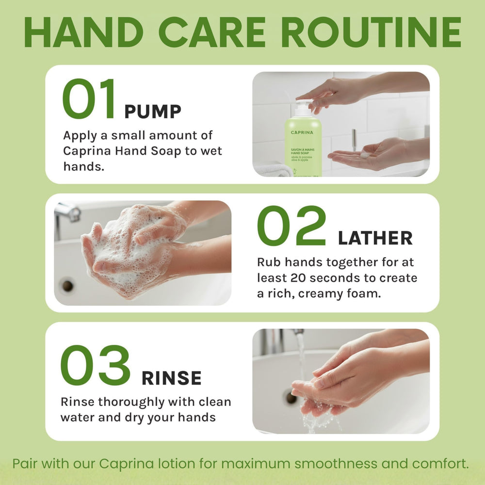 Caprina Aloe-apple essence visual suggests refreshing scent and plant-based care.