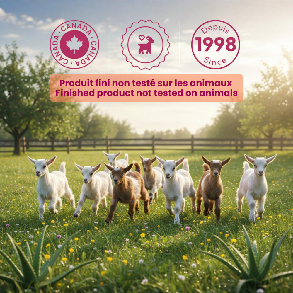 Caprina Canada-made label emphasizes quality and local goat milk sourcing.
