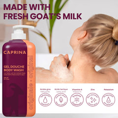 Caprina Goat Milk nourushing formula close-up showing skin-friendly ingredients.