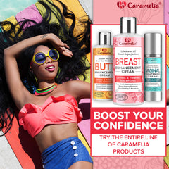 Caramelia brand label close-up reinforces paraben-free, non-GMO, sensitive-skin friendly formula.