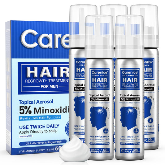 CARENICE 5% Minoxidil Foam application on scalp for thicker-looking hair.