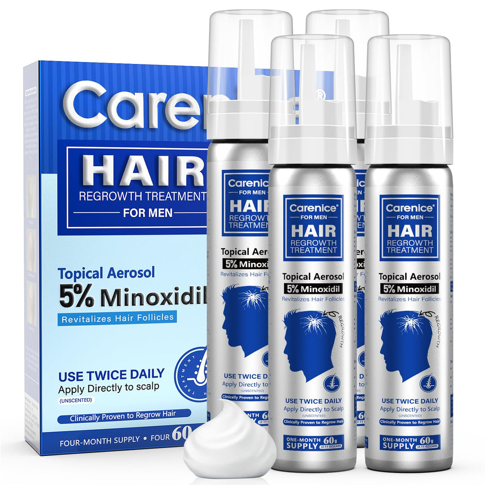 CARENICE Minoxidil Foam bottle front with unscented formula for daily scalp use.