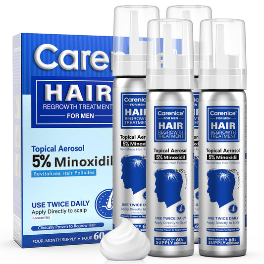 CARENICE Minoxidil Foam bottle front with unscented formula for daily scalp use.