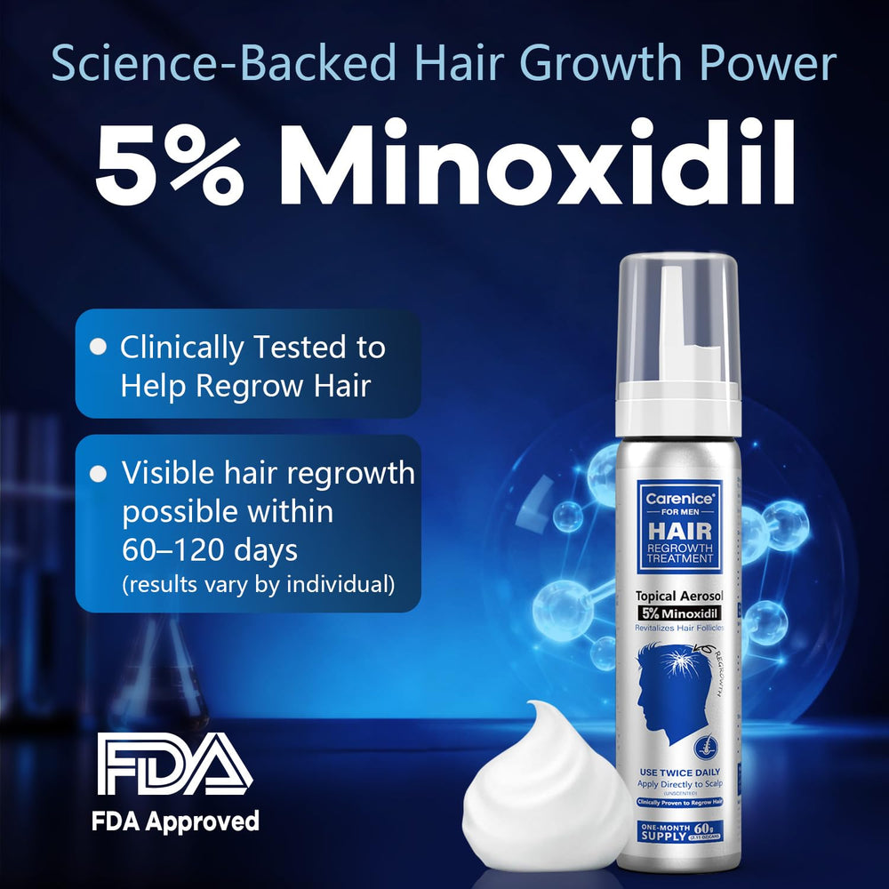 CARENICE Minoxidil Foam applied to scalp for potential fuller hair.