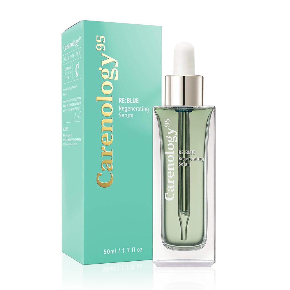 Carenology 95 RE BLUE serum bottle highlighting hydration-focused packaging.