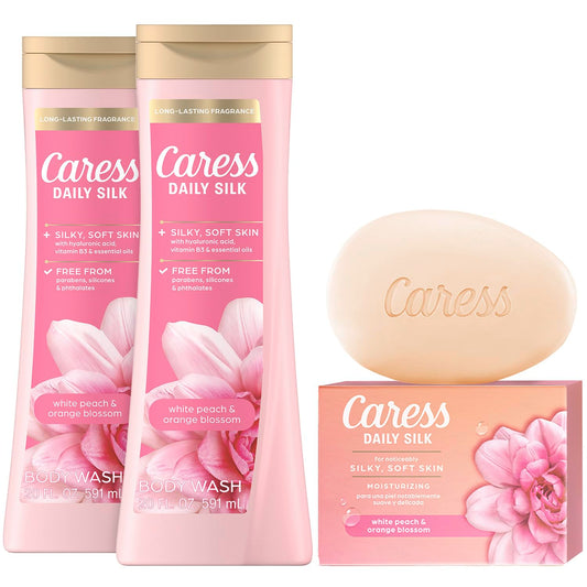 Caress Daily Silk bundle overview with two washes and one bar soap for daily care.