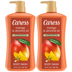 Caress Mango & Almond Oil body wash bottle showing tropical scent and moisturizing potential.