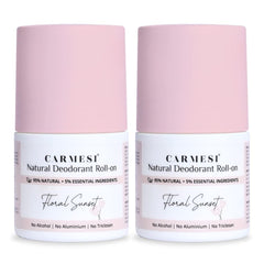 Carmesi Floral Sunset deodorant bottle on packaging highlighting natural formula.