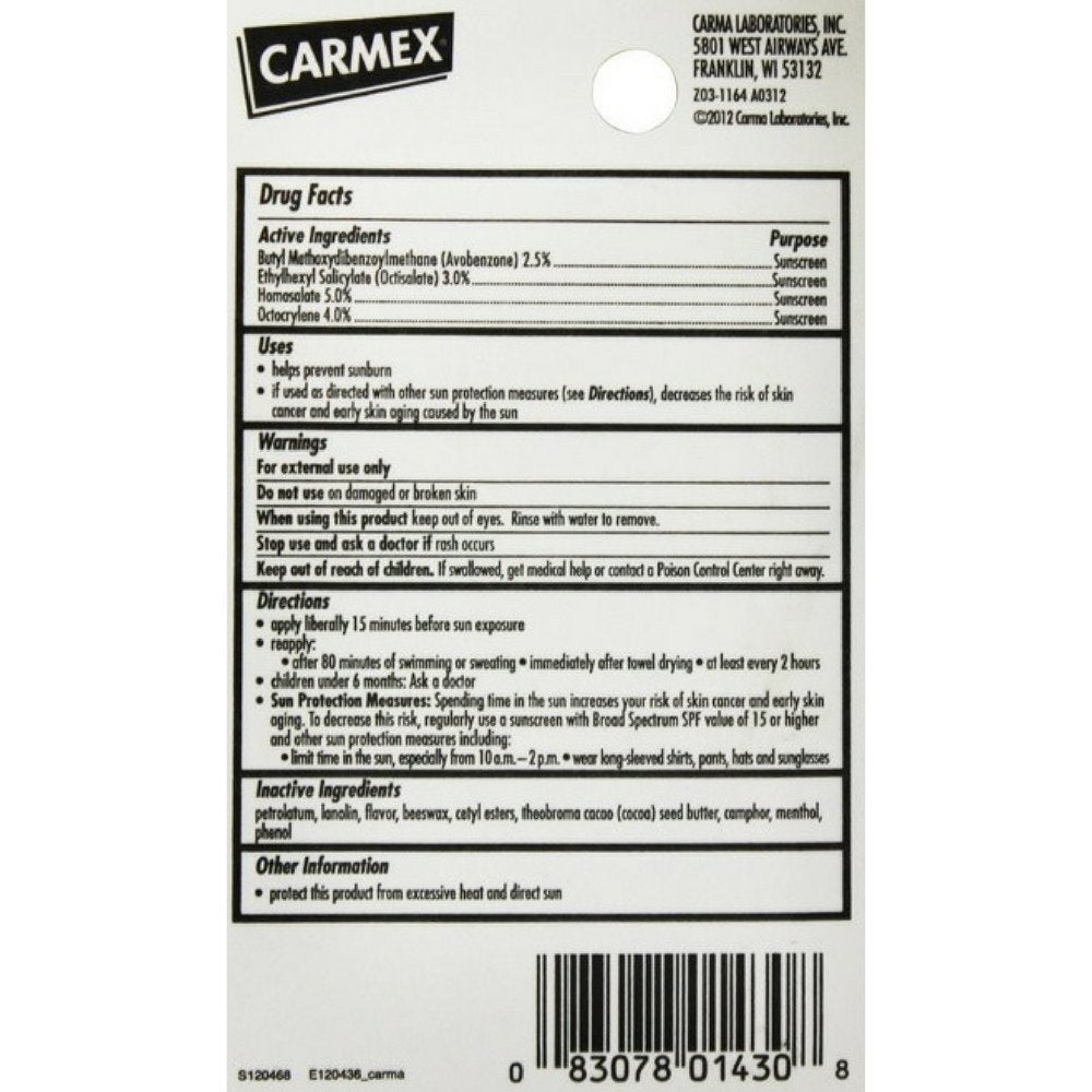 Carmex cherry flavored lip balm with SPF 15 shown in a tube for smooth lips