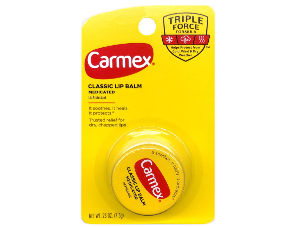 Carmex Classic Lip Balm Medicated jar provides soothing lip care.