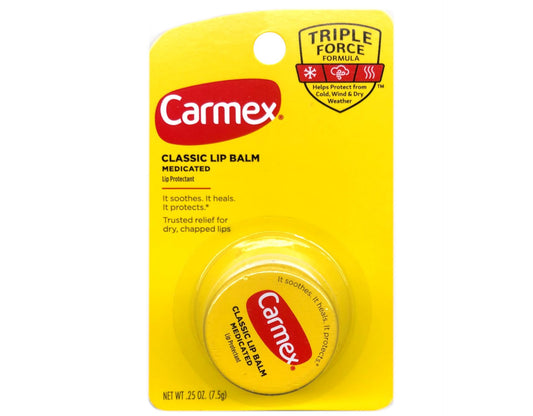 Carmex Classic Lip Balm Medicated jar provides soothing lip care.