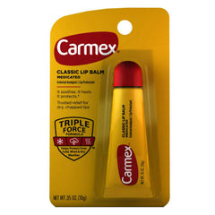 Carmex Classic Lip Balm Medicated pack of nine ready for travel and daily use.
