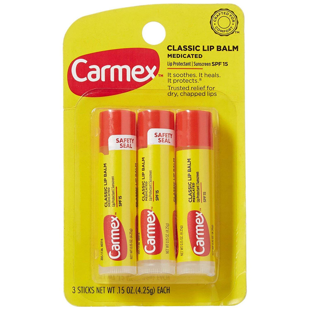 Carmex Classic Lip Balm Original packaging with six sticks in two packs for on-the-go moisture.