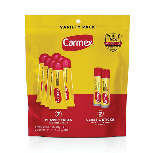 Carmex Classic medicated lip balm tubes in a pack for smooth lip moisture