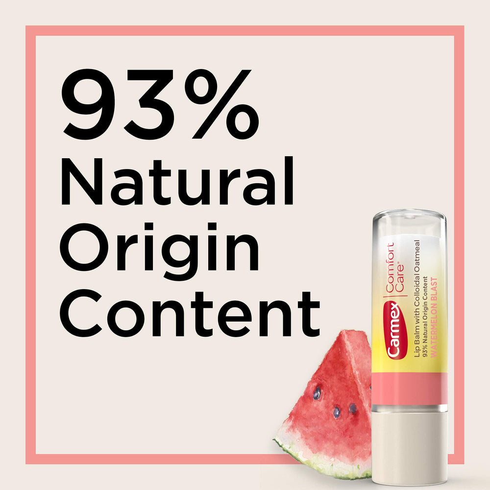 Carmex Comfort Care Watermelon Blast lip balm stick close-up in use