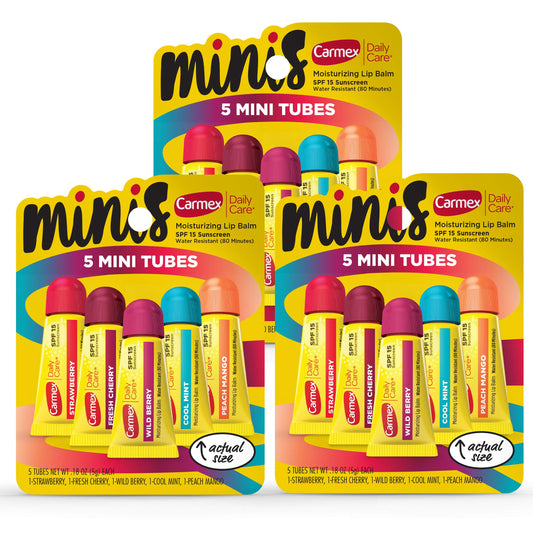 Carmex Daily Care Minis Strawberry lip balm tube with SPF 15 for daily lip protection.