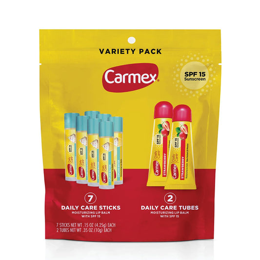 Carmex Daily Care Strawberry Stick lip balm offers SPF 15 for everyday lip protection.