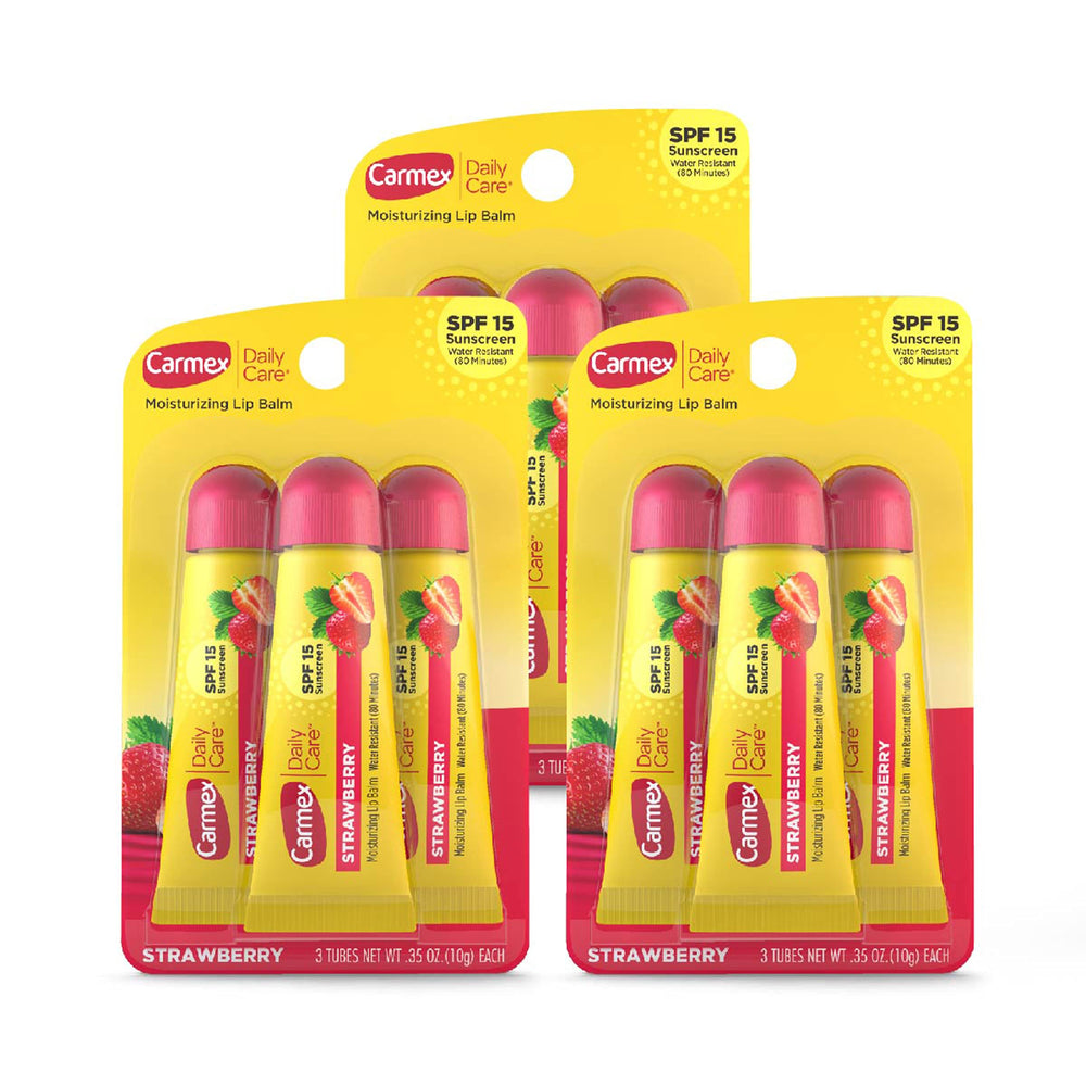 Carmex Daily Care SPF 15 strawberry lip balm tube close-up for on-the-go protection